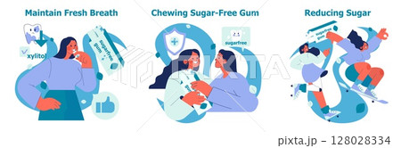 Vector illustration depicting three scenes promoting oral health and sugar reduction. Features include chewing sugar-free gum, maintaining fresh breath with xylitol, and active lifestyle benefits. 128028334