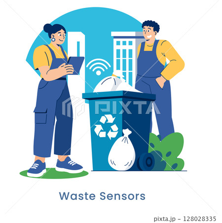 Smart waste management concept with two workers monitoring recycling bin using digital technology for efficient city services. 128028335