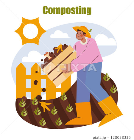 Horticulture concept. Person in a hat carrying compost to a garden bed by a yellow fence under sunny sky. Promotes organic waste recycling for plant growth and soil enrichment. Vector illustration. 128028336