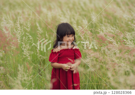 toddler girl in red dress playing grass flower in field toddler girl in red dress playing grass flower in field 128028366