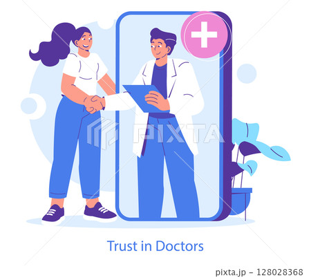 Vector illustration of a doctor and patient shaking hands, symbolizing trust in healthcare. The scene features a smiling doctor in a white coat and a happy patient. 128028368