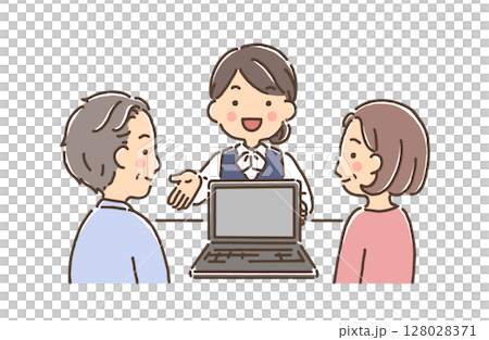中年の夫婦にパソコン画面を見せながら説明をする事務服の女性 中年の夫婦にパソコン画面を見せながら説明をする事務服の女性 128028371