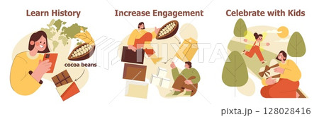 Vector illustration set highlighting chocolate history, engagement in production, and joyful celebration with kids. Captures learning, collaboration, and fun activities in a playful style. 128028416