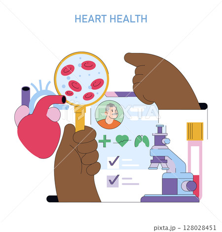 Mens Health Month. Doctor examines cardiovascular health with magnifying glass, organ models, lab microscope and patient test chart to promote awareness and early detection. Vector illustration. 128028451