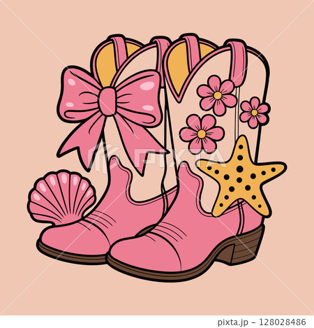 Cute Pink Cowboy Boots with Seashell and Starfish Illustration 128028486