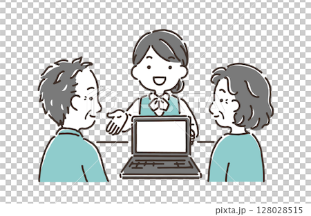 A woman in office clothes explaining to an elderly couple while showing them a computer screen A woman in office clothes explaining to an elderly couple while showing them a computer screen 128028515