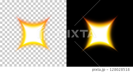 透明背景と黒背景に輝くオレンジの発光スター形状 128028518