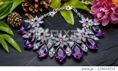 Stunning Amethyst Statement Necklace with Floral Design and Large Gems Stunning Amethyst Statement Necklace with Floral Design and Large Gems 128028554