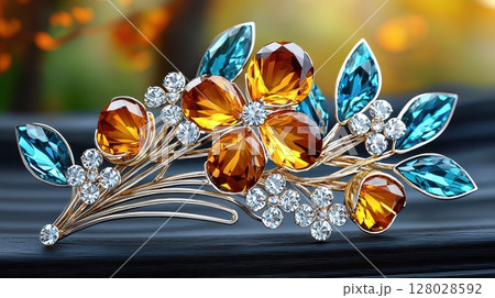 Elegant Floral Brooch with Colorful Gemstones and Delicate Leaves Design Elegant Floral Brooch with Colorful Gemstones and Delicate Leaves Design 128028592