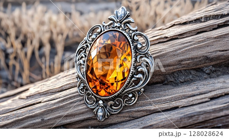 Ornate Silver Brooch with Amber Gemstone in Art Nouveau Style Design Ornate Silver Brooch with Amber Gemstone in Art Nouveau Style Design 128028624