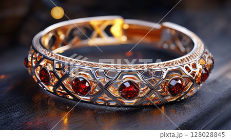 Elegant Ruby Cuff Bracelet with Intricate Geometric Patterns Design 128028845