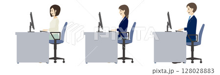 デスクで働く男女のビジネスイラスト（横向き）：フラットデザイン 128028883