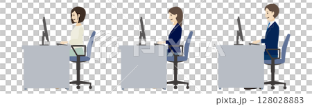 デスクで働く男女のビジネスイラスト（横向き）：フラットデザイン 128028883