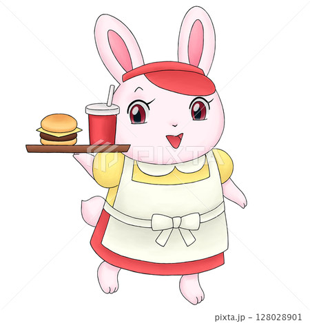 ウサギのハンバーガーショップ店員のイラスト ウサギのハンバーガーショップ店員のイラスト 128028901