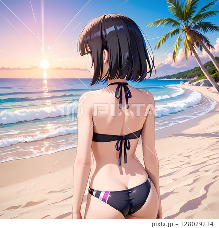 ビーチにいる水着の女性の後ろ姿 128029214