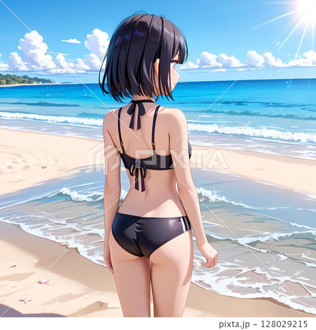 ビーチに立つ水着の若い女性 128029215