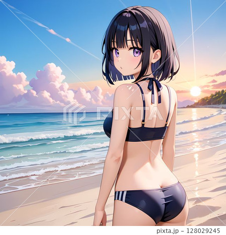 ビーチにいる水着の女性の後ろ姿 128029245