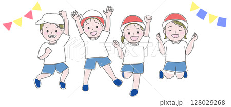 運動会で笑顔で応援する子供たちのイラスト 128029268