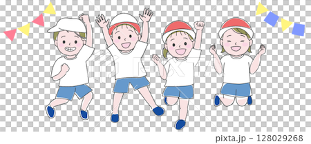 運動会で笑顔で応援する子供たちのイラスト 128029268