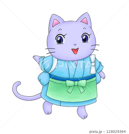 ネコの和菓子屋店員のイラスト ネコの和菓子屋店員のイラスト 128029364