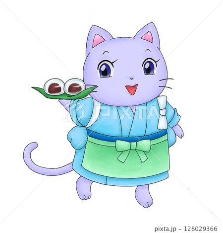 ネコの和菓子屋店員のイラスト 128029366