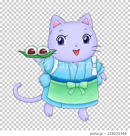 ネコの和菓子屋店員のイラスト 128029366