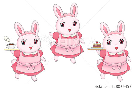 ウサギのカフェ店員のイラストセット 128029452