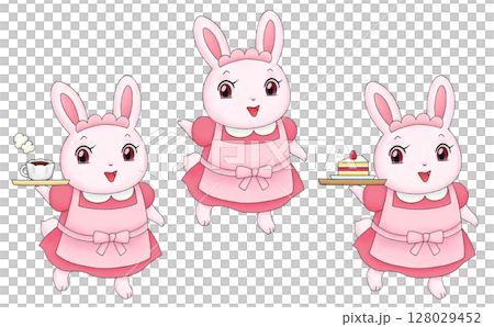 ウサギのカフェ店員のイラストセット 128029452
