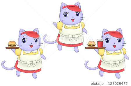 ネコのハンバーガーショップ店員のイラストセット 128029475