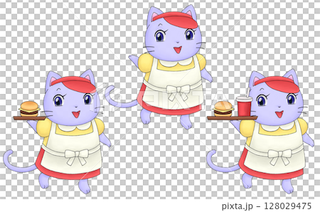ネコのハンバーガーショップ店員のイラストセット 128029475