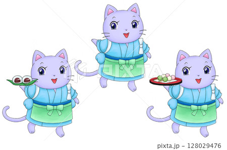 ネコの和菓子屋店員のイラストセット 128029476