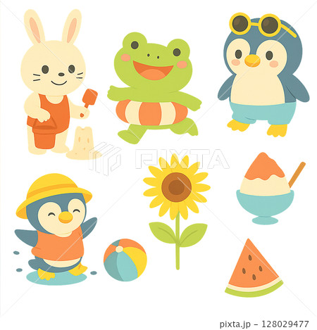 夏　海　かわいい動物　素材セット 128029477