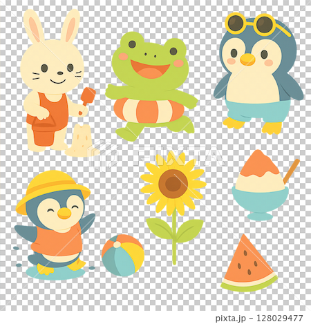 夏　海　かわいい動物　素材セット 128029477