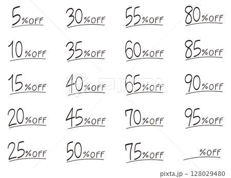 手描きの割引率文字セット（5%〜95%OFF） 128029480