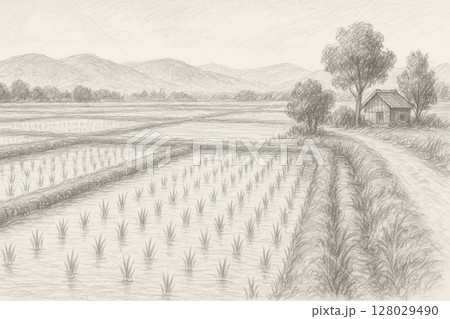 田植えを終えた田んぼ 田植えを終えた田んぼ 128029490