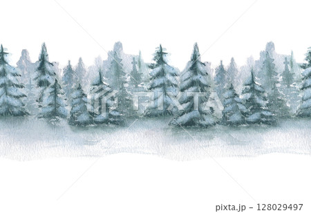 Winter woodland seamless border in soft watercolors isolated on white. Repeated spruce silhouettes covered snow hand painted in muted green greys. Winter illustration for brand holiday collections. 128029497