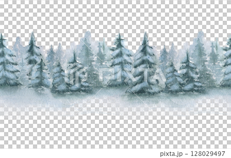 Winter woodland seamless border in soft watercolors isolated on white. Repeated spruce silhouettes covered snow hand painted in muted green greys. Winter illustration for brand holiday collections. 128029497