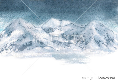 Alpine snowy mountain scene in night sky monochrome watercolor sketch isolated on white. Slope with snow peaks and dark sky hand drawn for design Christmas background and winter travel branding. Alpine snowy mountain scene in night sky monochrome watercolor sketch isolated on white. Slope with snow peaks and dark sky hand drawn for design Christmas background and winter travel branding. 128029498
