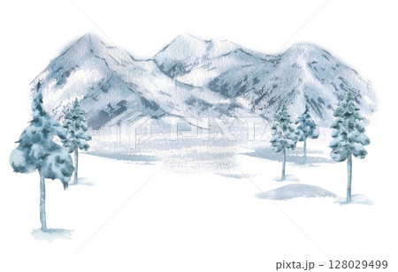 Winter watercolor landscape with snow dusted slopes, frosty spruce trees and blue mountain silhouettes isolated on white. Woodland Christmas scene of rocky hills, pine hand drawn for skiing design. Winter watercolor landscape with snow dusted slopes, frosty spruce trees and blue mountain silhouettes isolated on white. Woodland Christmas scene of rocky hills, pine hand drawn for skiing design. 128029499