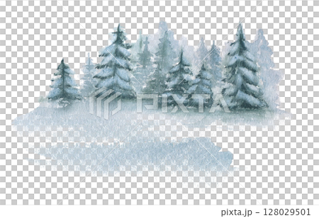 Watercolor conifers in pale winter tones hand painted. Misty firs and pines under snow illustration isolated. Seasonal forest scene for Christmas packaging, winter background. Woodland covered snow. 128029501
