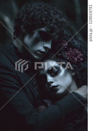 Dark photo of man hugging woman with painted face, dramatic makeup, and emotional expression 128029781