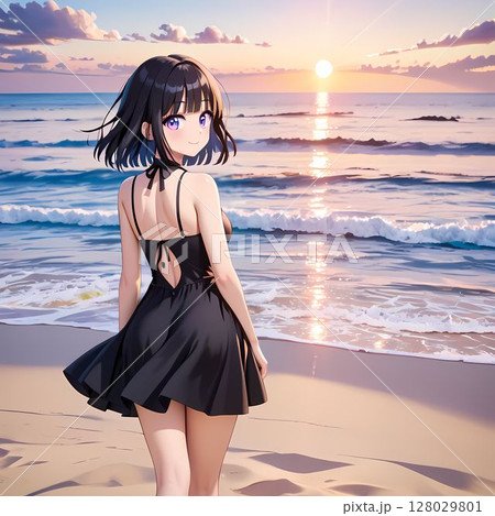 夕日の海に立つ女性 128029801