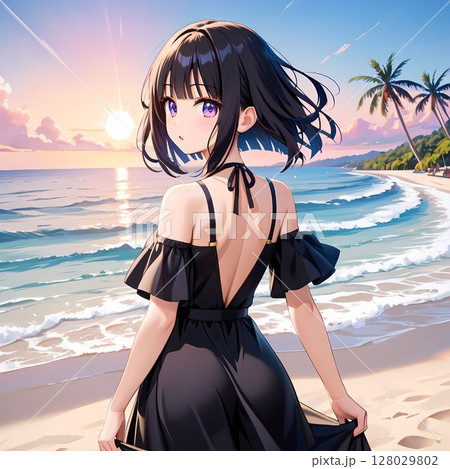 夕焼けの海岸で砂浜を歩く女性 128029802