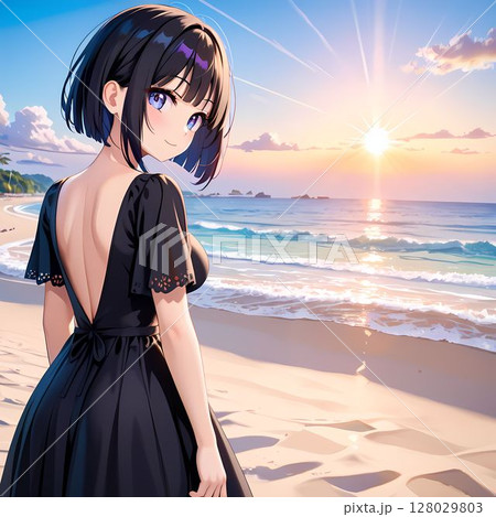 夕日に染まる海岸を歩く女性 夕日に染まる海岸を歩く女性 128029803