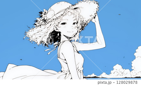 夏休みの思い出：海辺の町への一人旅（シンプルな色使い）
