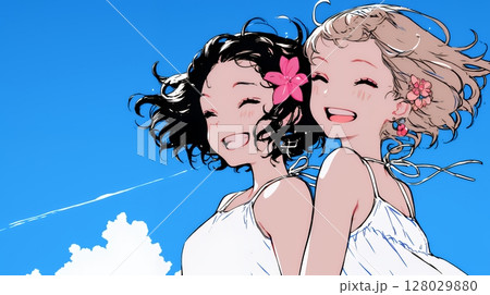 夏休みの思い出：女友達同士で旅行に行く（シンプルな色使い）
