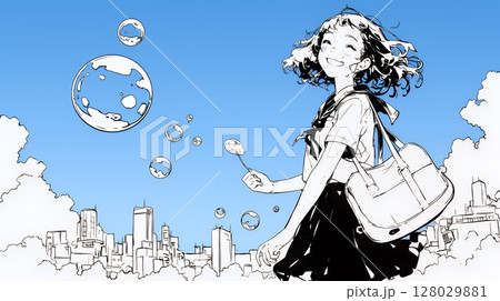 夏休みの思い出：シャボン玉で遊んでいる女子高生（シンプルな色使い）