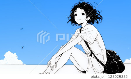 夏休みの思い出：海辺の町への一人旅（シンプルな色使い）