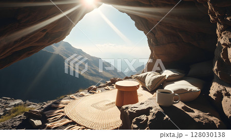 Stunning view of mountains and the sun shining through a cave opening, peaceful retreat. 128030138