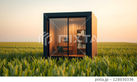 A modern cabin with glass doors stands in a wheat field at sunset, a workspace. 128030336
